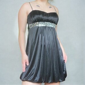 B.Smart Black Silky mini dress with silver gemstone embellished waistband